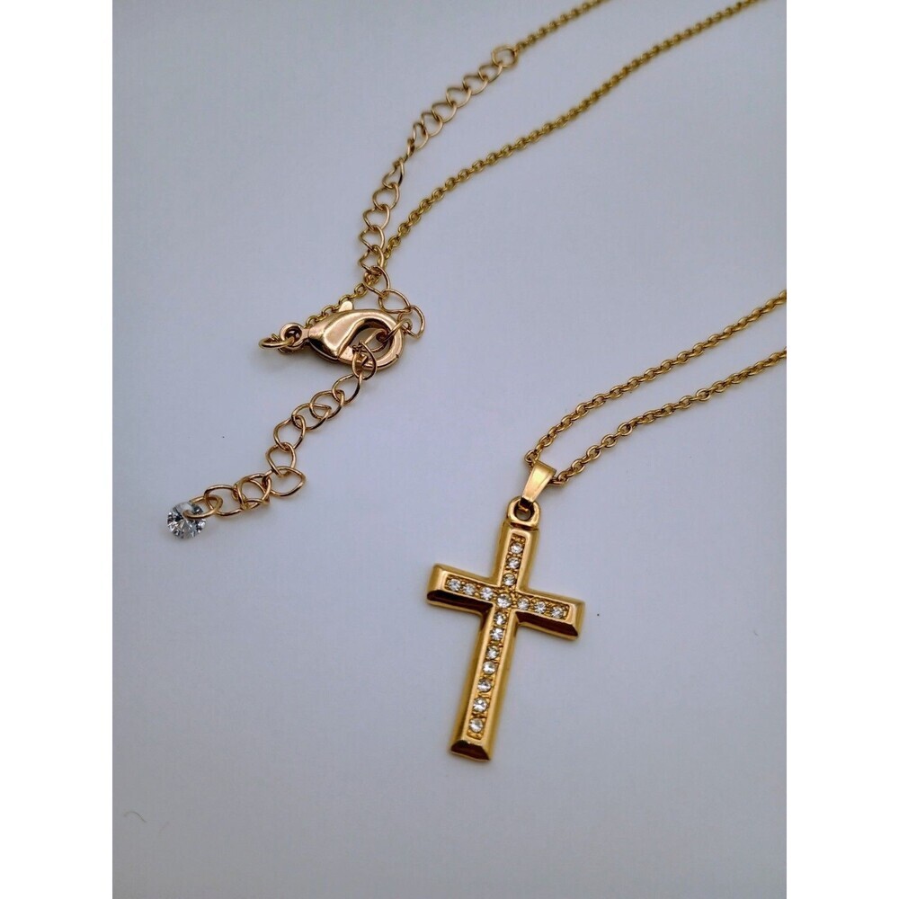 Simple Gold Plated Cross Pendant Necklace With Clear Stones